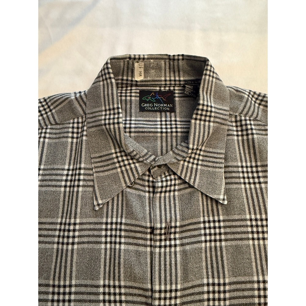 Greg Norman Collection Mens XXL Gray Black Plaid Cotton Rayon Button Down Shirt